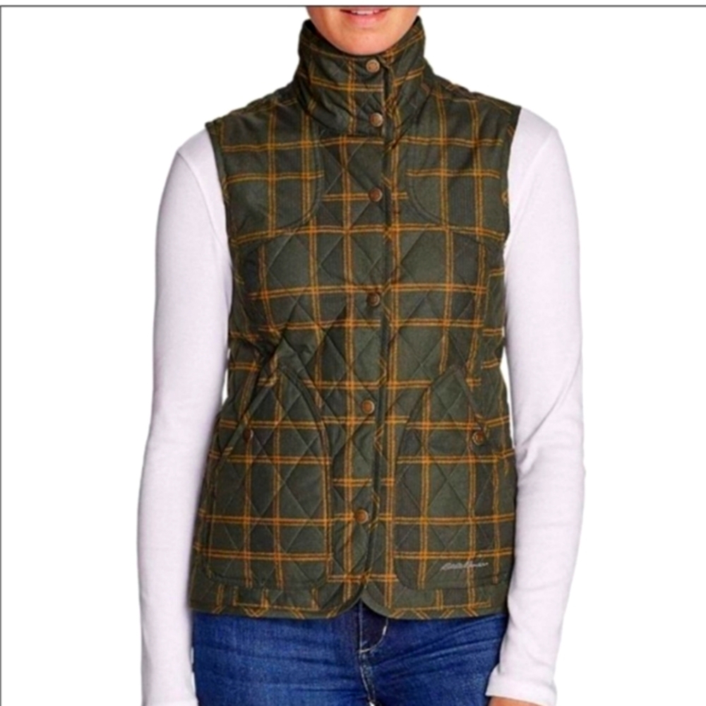 Like new Eddie Bauer Quilted vest, Hunter Green with Gold Plaid. Sz XL. Worn 1x